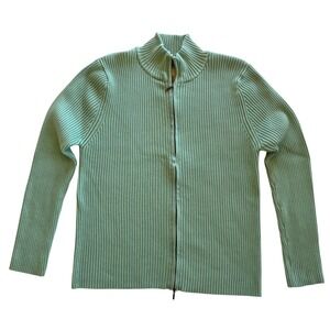 L.L.Bean Mint Green Ribbed Knit Full Zip Mock Neck Cozy Classic Sweater Size LXL